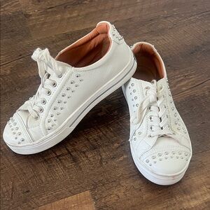 Brighton White Studded Low-Top Sneakers with Pink Lining